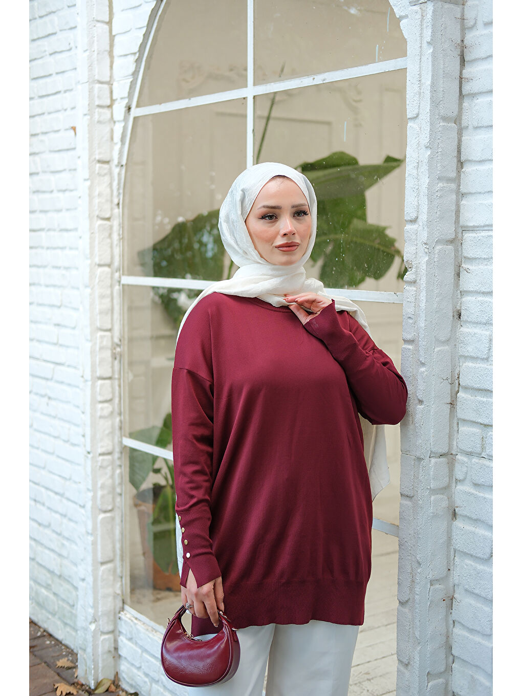 Kadın Bilek Gold Aksesuar Detay Tunik Bordo-3