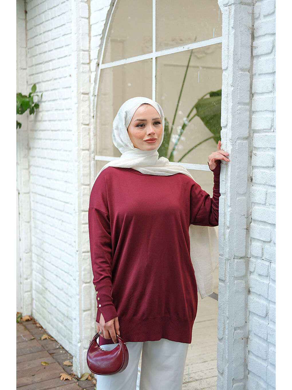 Kadın Bilek Gold Aksesuar Detay Tunik Bordo-4