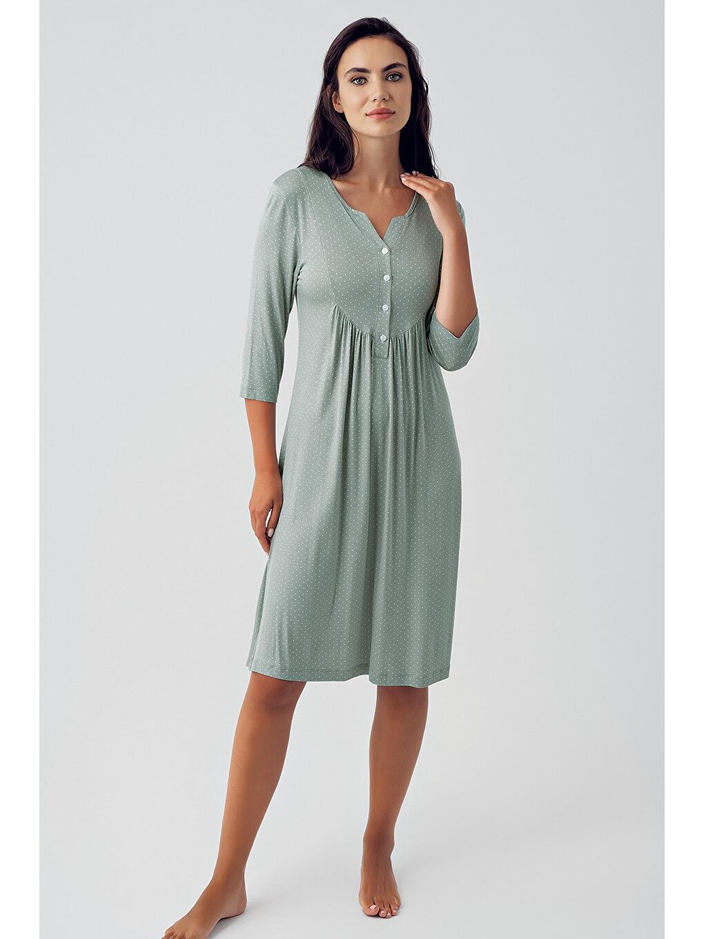 Yeşil Kısa Kollu Düğmeli Elastanlı Viskon Gecelik 15104