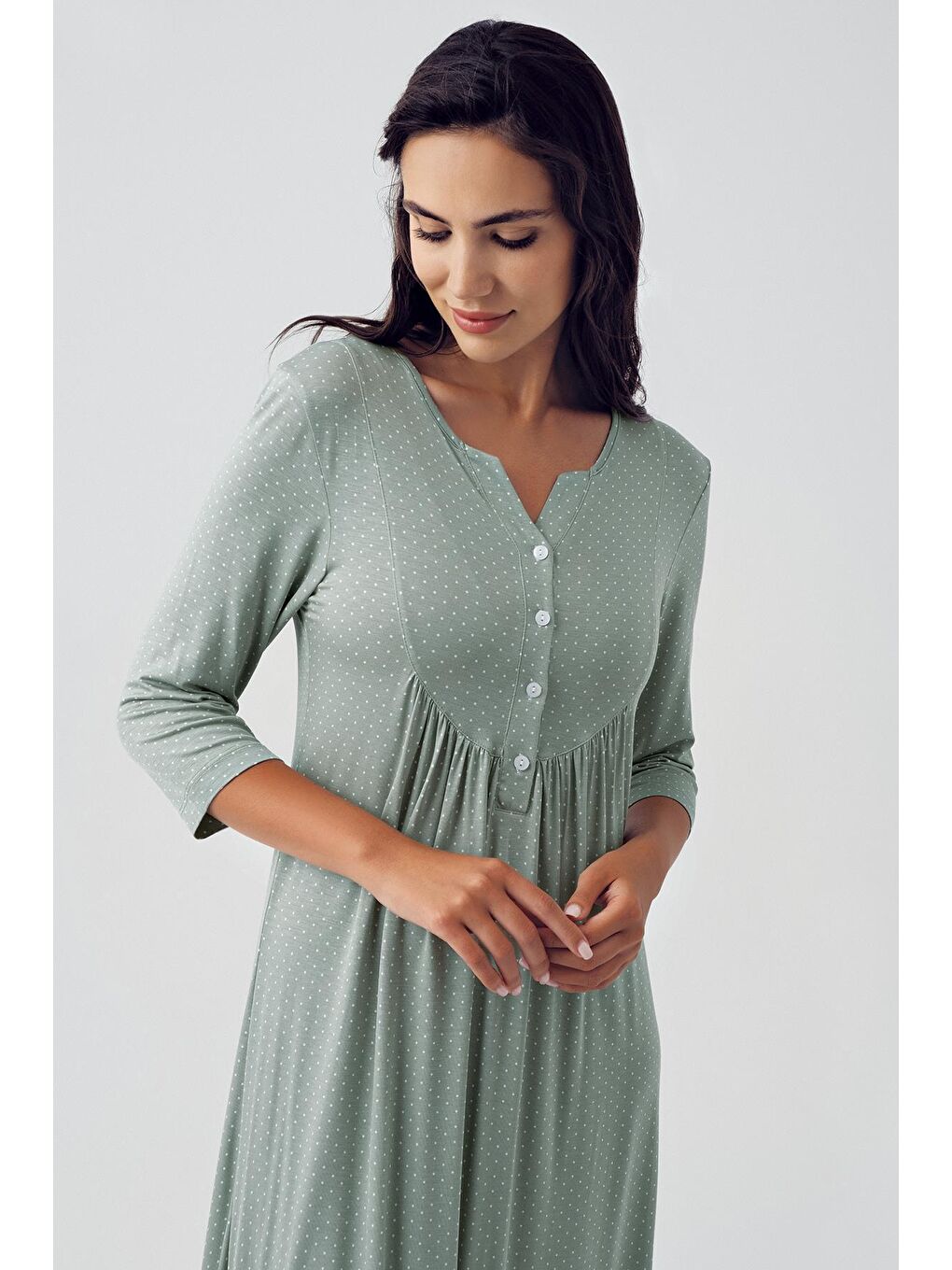 Yeşil Kısa Kollu Düğmeli Elastanlı Viskon Gecelik 15104-1