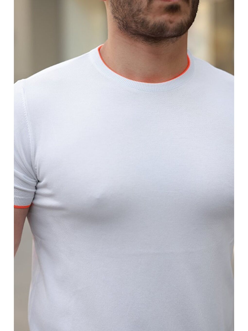 Beyaz Erkek Bisiklet Yaka Kısa Kollu Tişört-2