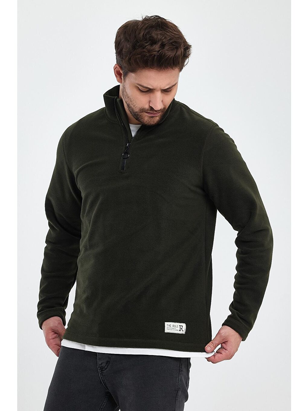 THE RULE Haki Regular Fit Tüylenme Yapmayan Soğuk Geçirmez Bato Yaka Erkek Polar Sweatshirt - 1