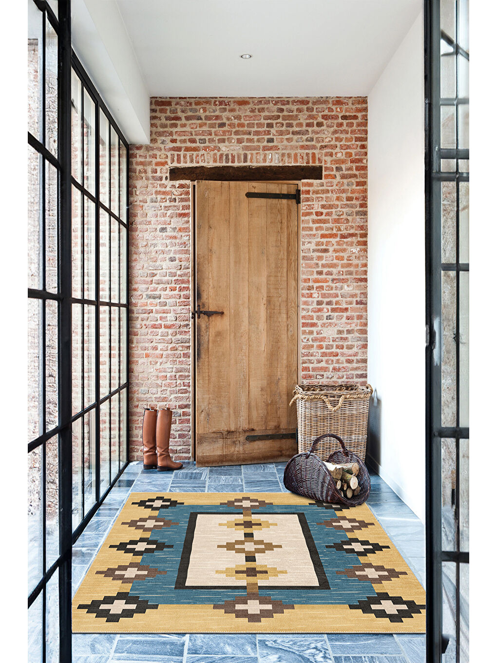 Sarı Dekoratif Salon Halısı, Makinada Yıkanabilir, Kaymaz Taban, İnce & Modern Tasarım-4