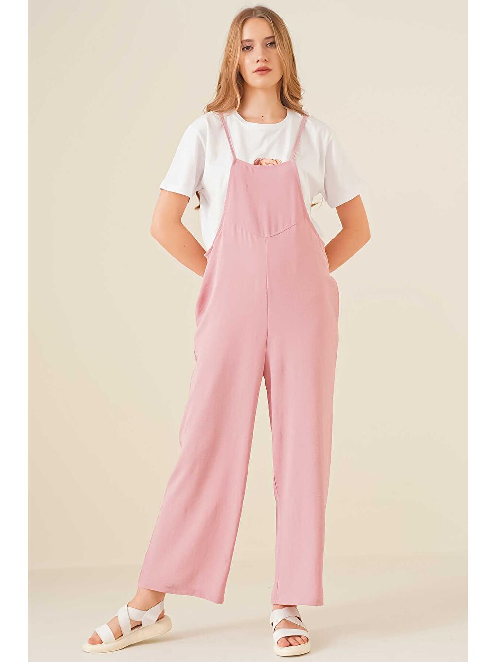 Kadın Pudra Pembesi Askılı Cepli Salopet Tulum-1