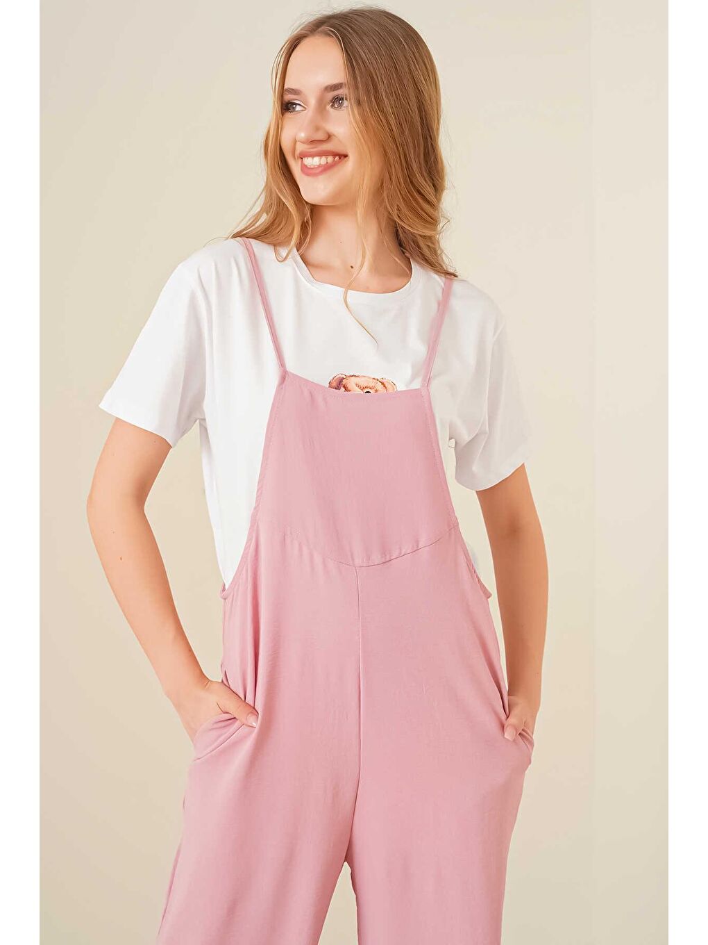 Kadın Pudra Pembesi Askılı Cepli Salopet Tulum-2