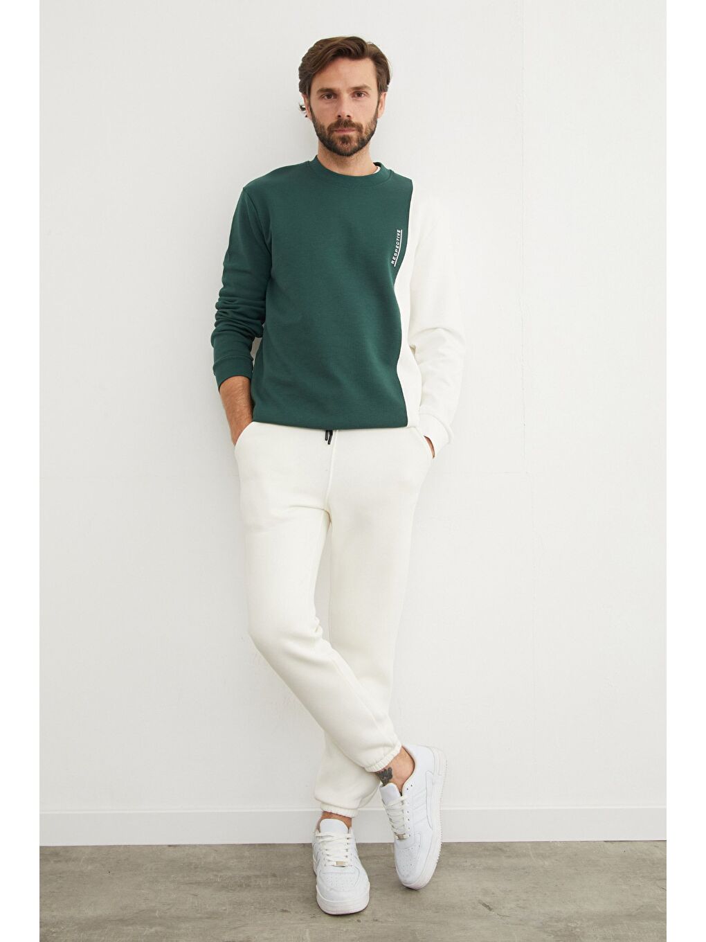 Ekru 3 İplik Beli Bağlamalı Büyük Beden Jogger Eşofman Altı-1