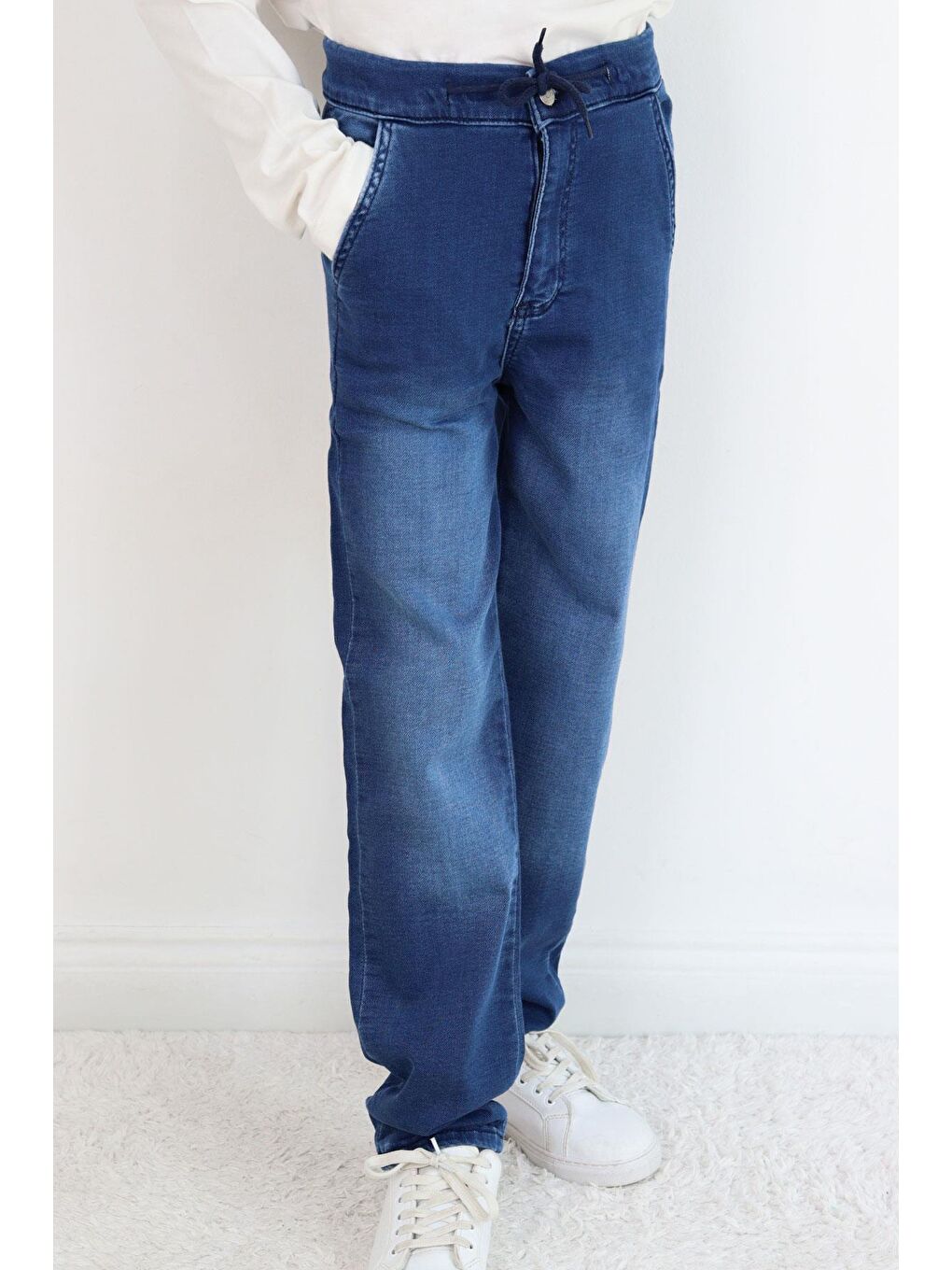 Erkek Çocuk Jean Pantolon Bağcıklı Fermuarlı Cepli Koyu Mavi (10-14 Yaş)-1