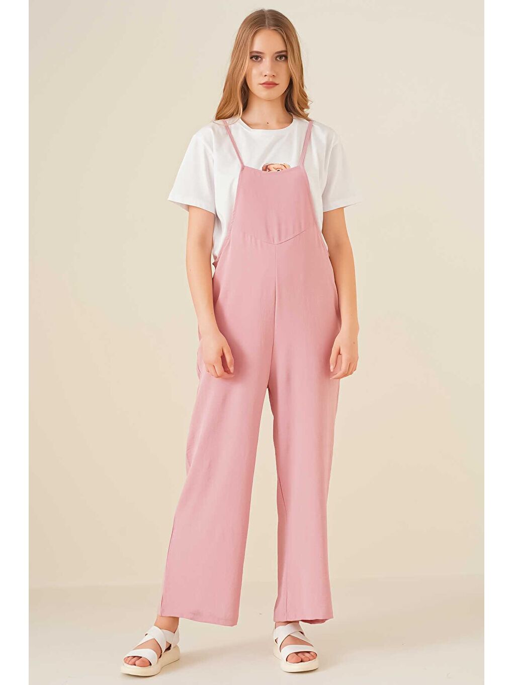 Kadın Pudra Pembesi Askılı Cepli Salopet Tulum-3