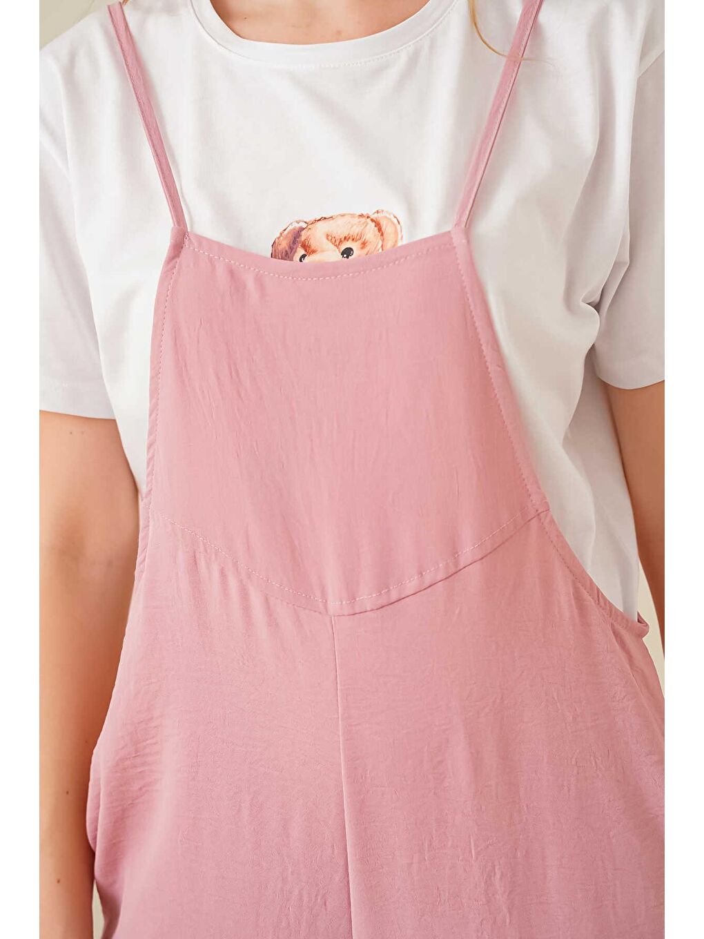 Kadın Pudra Pembesi Askılı Cepli Salopet Tulum-4