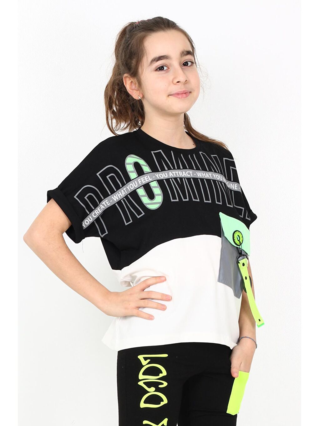 Siyah Kız Çocuk Cepli Tshirt 10-15 Yaş 14051