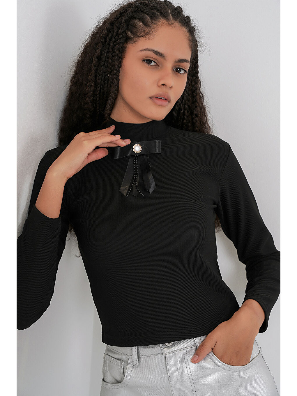 Kadın Kurdale Detay Uzun Kollu Bluz 977 - Siyah-2