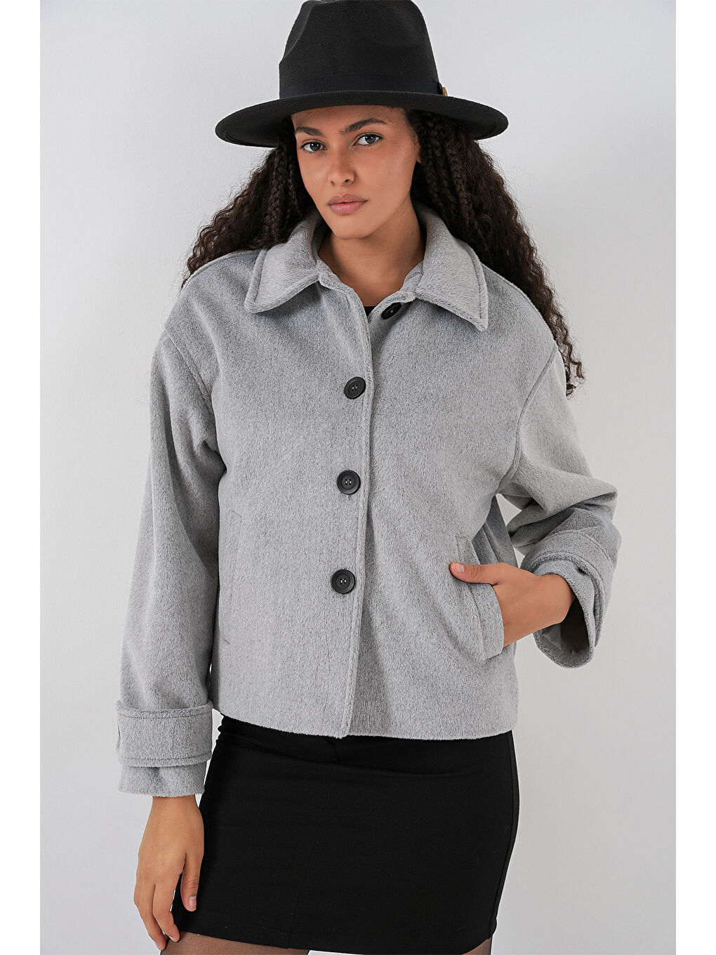 Kadın Cepli Kruvaze Uzun Kollu Kısa Kaşe Ceket 0724 - Gri-2