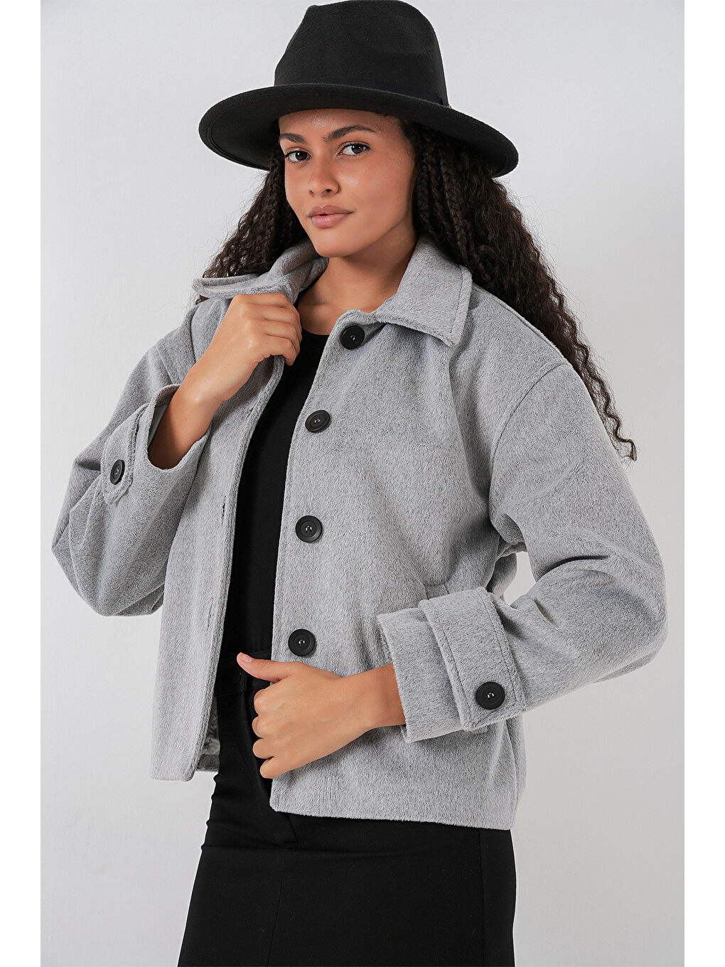 Kadın Cepli Kruvaze Uzun Kollu Kısa Kaşe Ceket 0724 - Gri-3