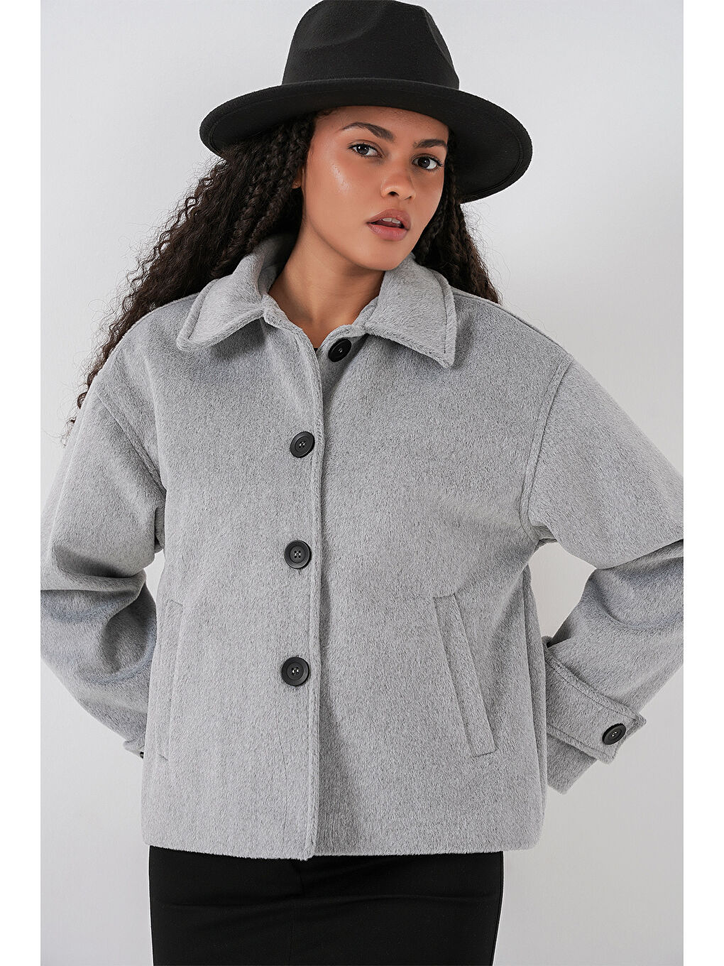 Kadın Cepli Kruvaze Uzun Kollu Kısa Kaşe Ceket 0724 - Gri-4