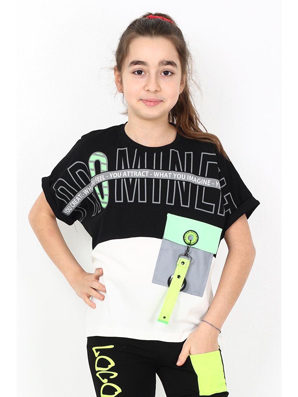 Siyah Kız Çocuk Cepli Tshirt 10-15 Yaş 14051-2