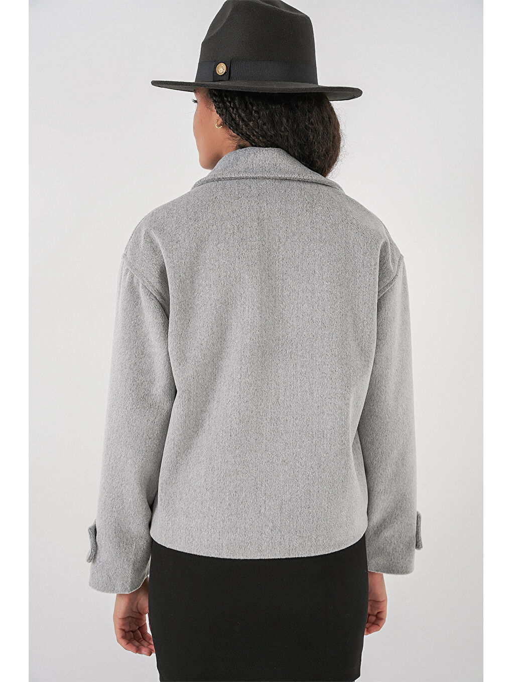 Kadın Cepli Kruvaze Uzun Kollu Kısa Kaşe Ceket 0724 - Gri-6