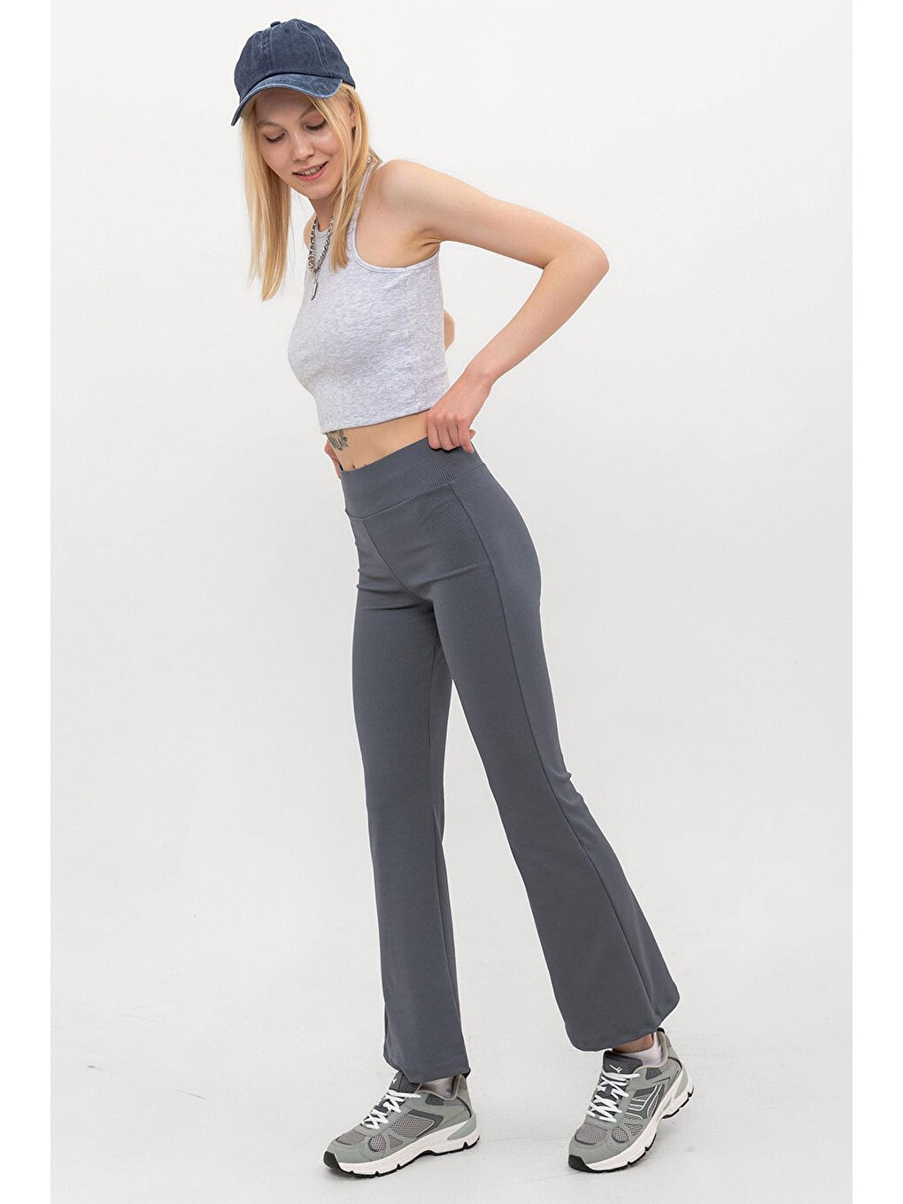 İndigo Yüksek Bel, Fitilli, Toparlayıcı Kaşkorse ispanyol fit and flare Örme Tayt-1