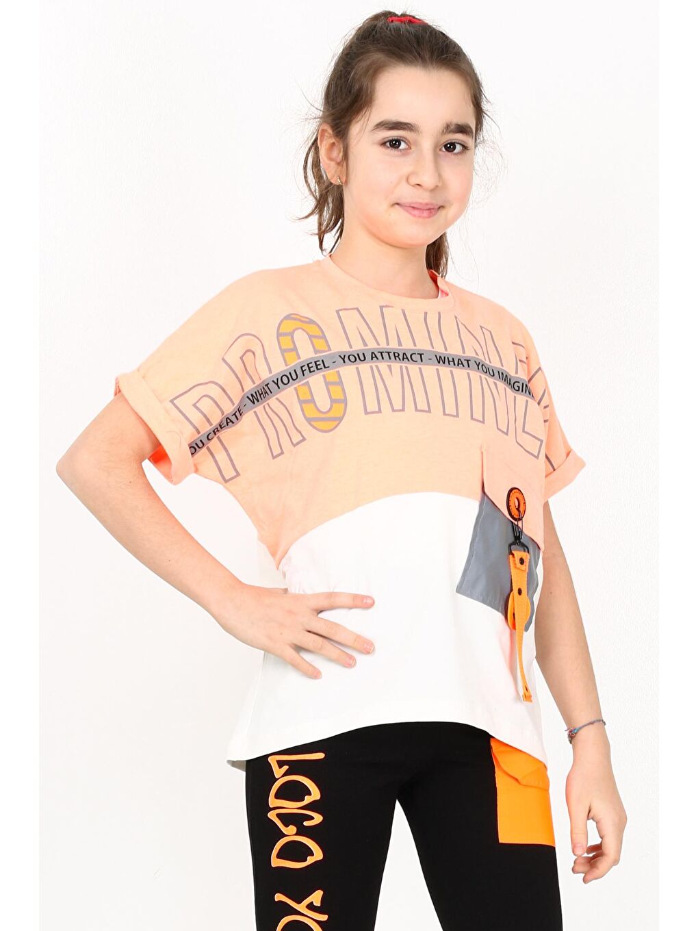 Turuncu Kız Çocuk Cepli Tshirt 10-15 Yaş 14051-1