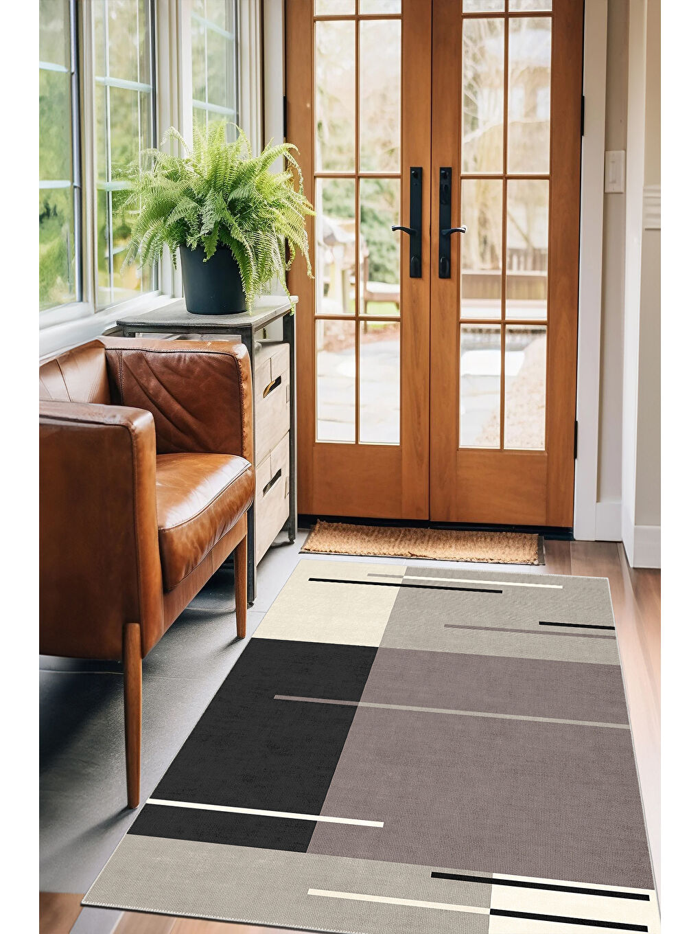 Kahverengi Dekoratif Salon Halısı, Makinada Yıkanabilir, Kaymaz Taban, İnce & Modern Tasarım-1
