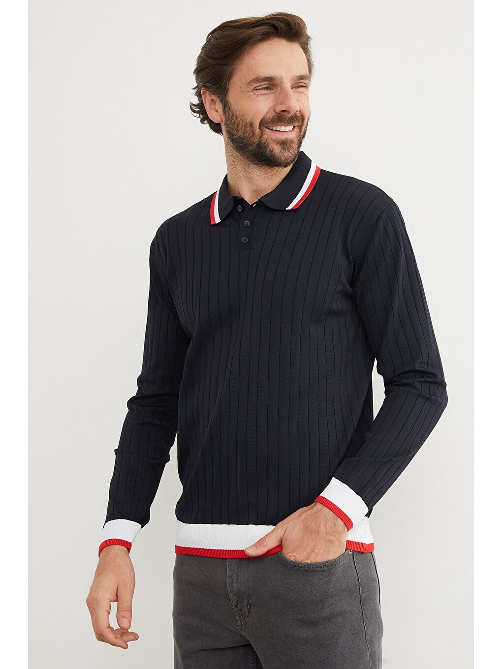 Lacivert Çizgili Fitilli Polo Yaka Triko Kazak