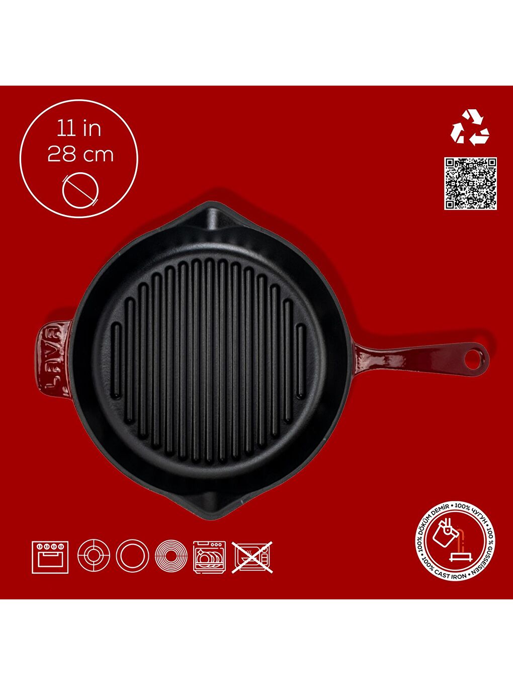 Bordo Yuvarlak Izgara Tava Döküm Demir Yekpare Saplı Çap(Ø)28cm.-3