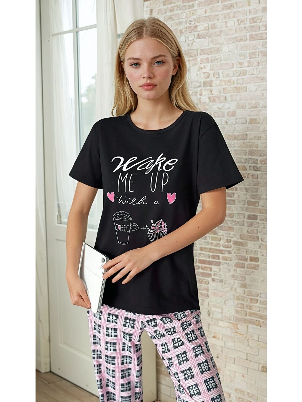 Siyah Wake Me Up Yazılı Kısa Kollu Kadın Pijama Takımı-2