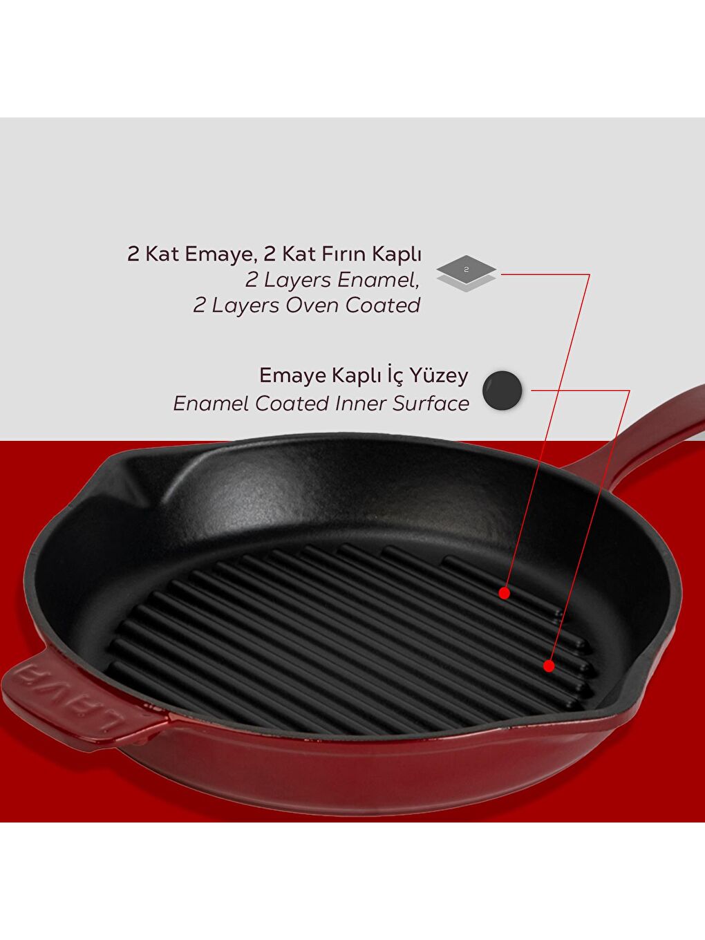 Bordo Yuvarlak Izgara Tava Döküm Demir Yekpare Saplı Çap(Ø)28cm.-5