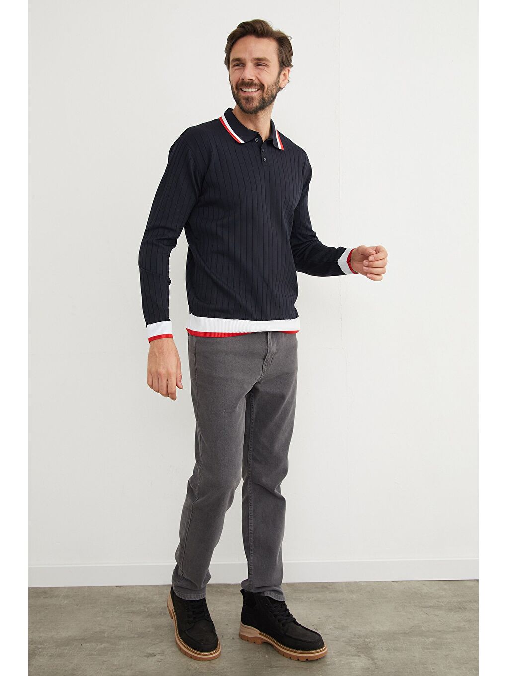 Lacivert Çizgili Fitilli Polo Yaka Triko Kazak-1