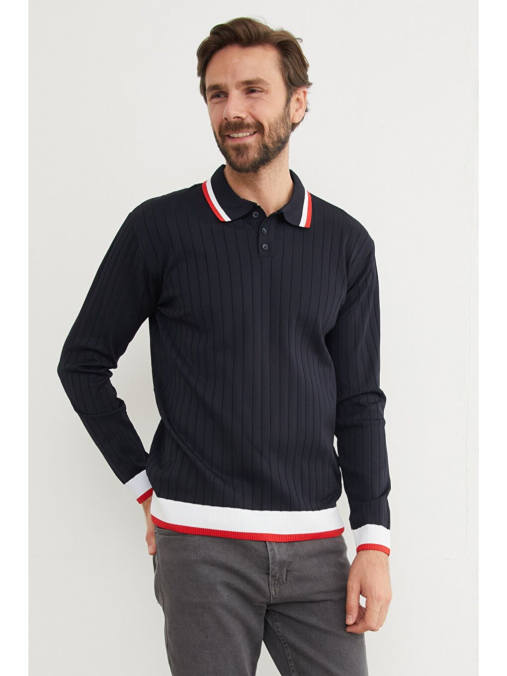 Lacivert Çizgili Fitilli Polo Yaka Triko Kazak-2