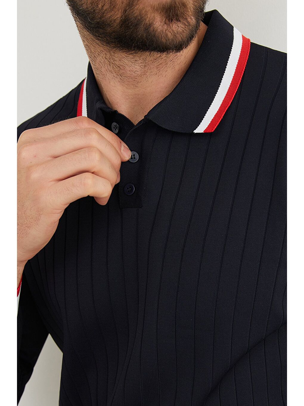 Lacivert Çizgili Fitilli Polo Yaka Triko Kazak-4