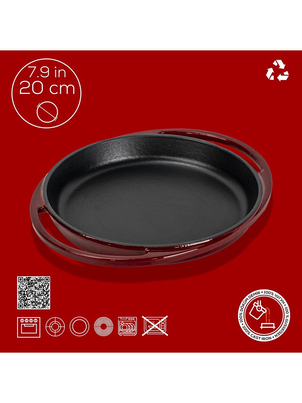 Bordo Yuvarlak Sahan Döküm Demir Yekpare Çift Kulplu Çap(Ø)20cm.-3