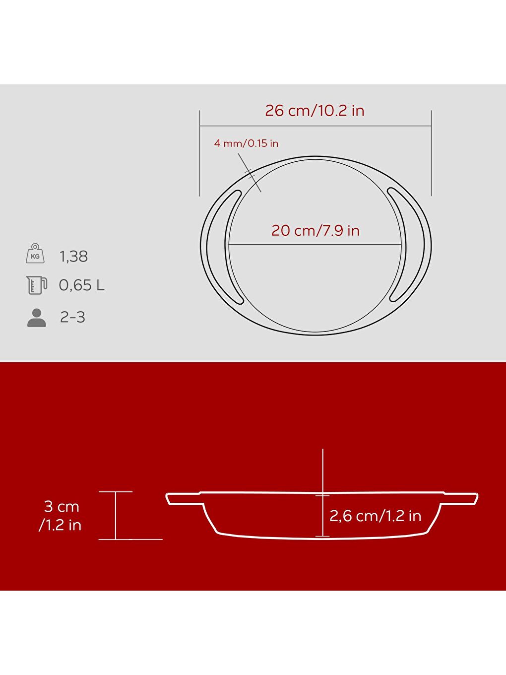 Bordo Yuvarlak Sahan Döküm Demir Yekpare Çift Kulplu Çap(Ø)20cm.-4