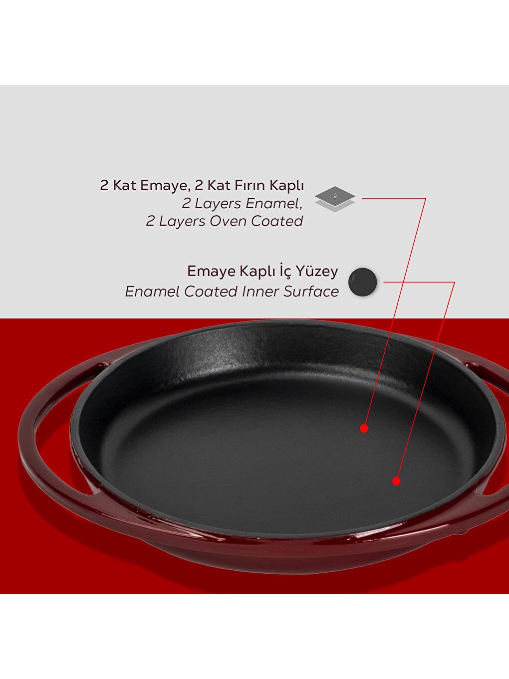 Bordo Yuvarlak Sahan Döküm Demir Yekpare Çift Kulplu Çap(Ø)20cm.-5