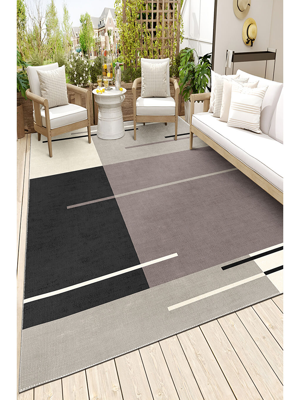 Kahverengi Dekoratif Salon Halısı, Makinada Yıkanabilir, Kaymaz Taban, İnce & Modern Tasarım-3