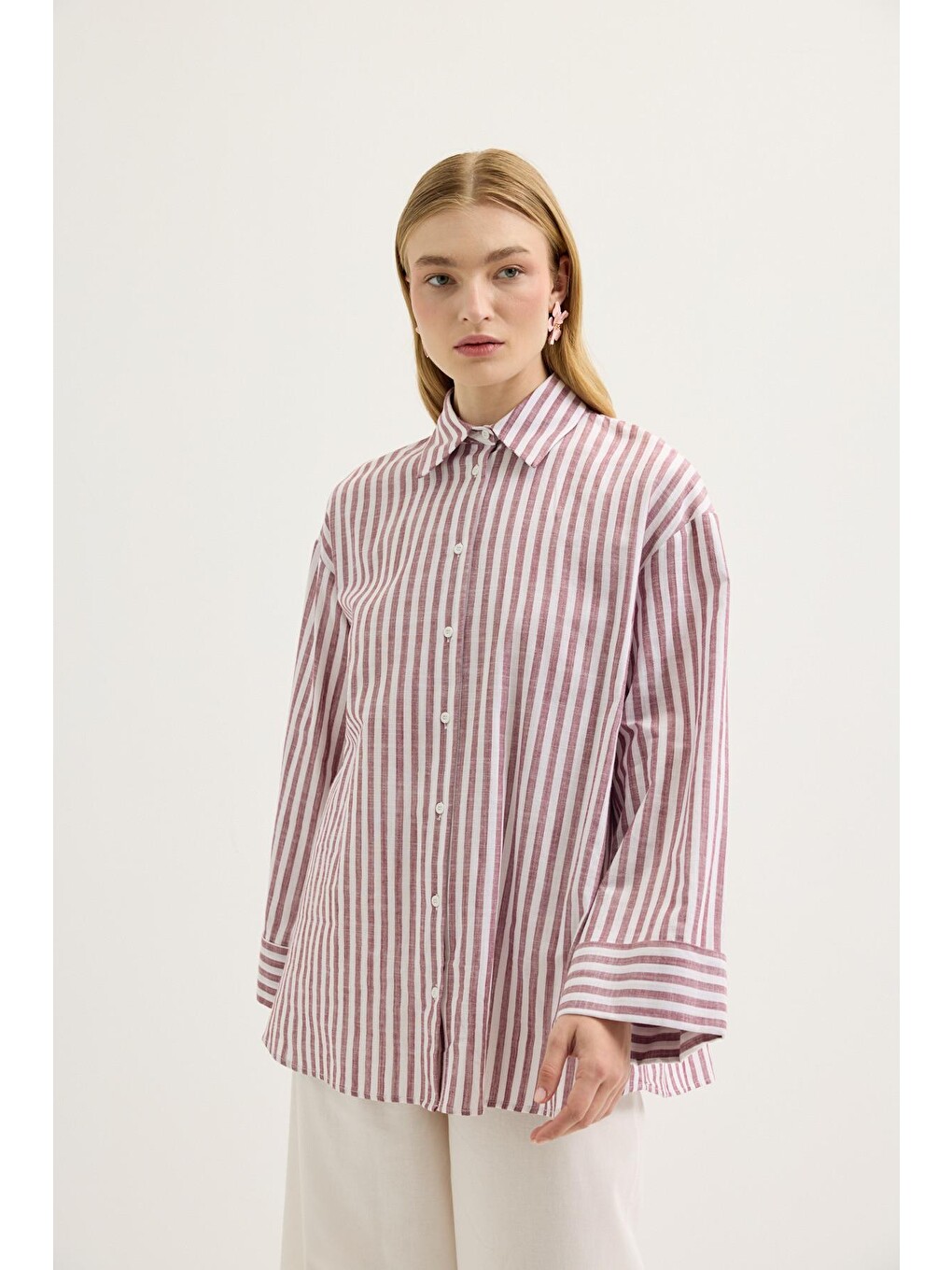Çizgili Oversize Keten Gömlek Bordo