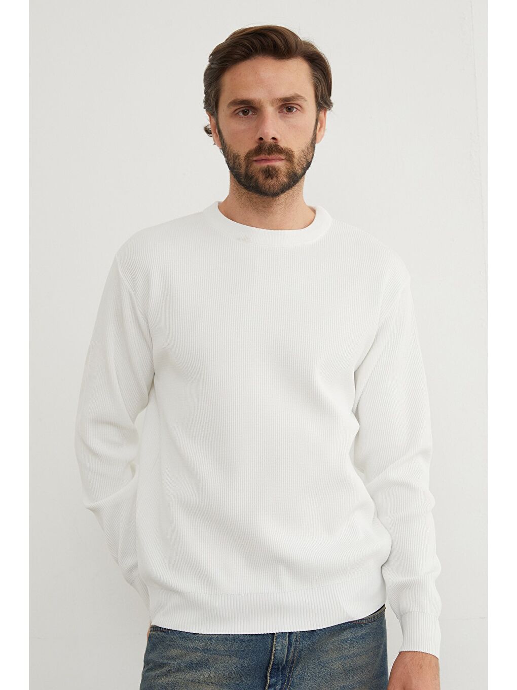 Beyaz Basic Bisiklet Yaka Triko Kazak-3