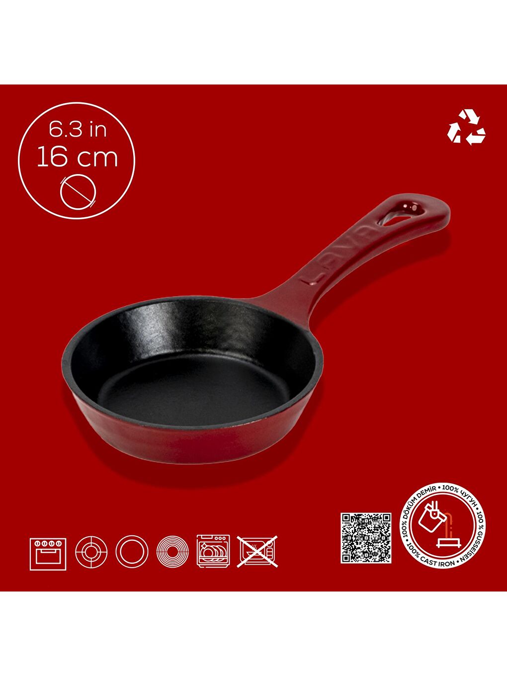 Bordo Yuvarlak Kızartma Tavası Yekpare Saplı. Çap(Ø)16cm.-3