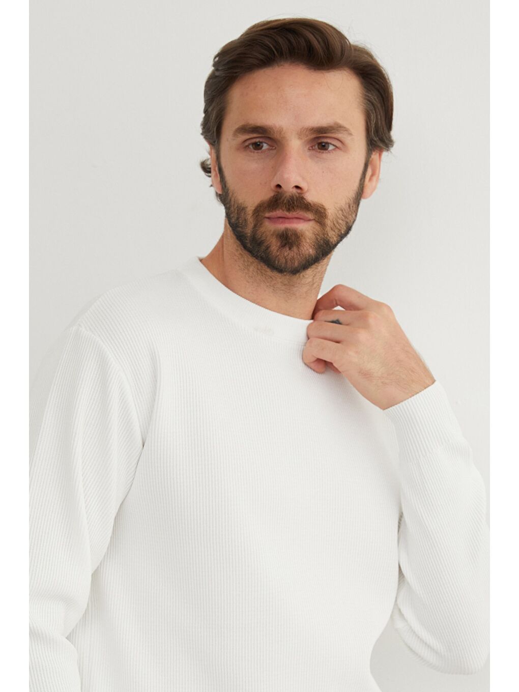 Beyaz Basic Bisiklet Yaka Triko Kazak-1