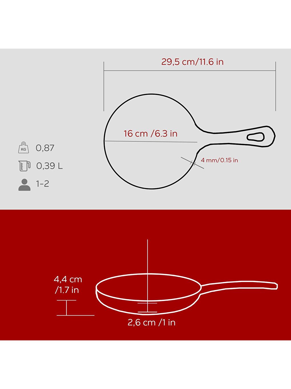 Bordo Yuvarlak Kızartma Tavası Yekpare Saplı. Çap(Ø)16cm.-4