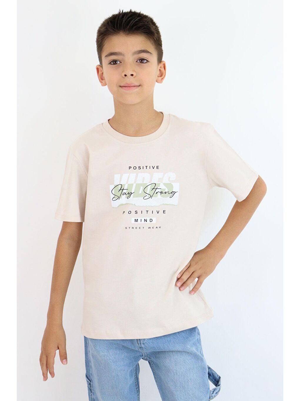 Erkek Çocuk Tişört Motivasyon Temalı & Sırt Kısmı Yazı Baskı Detaylı Bej (9-16 Yaş)