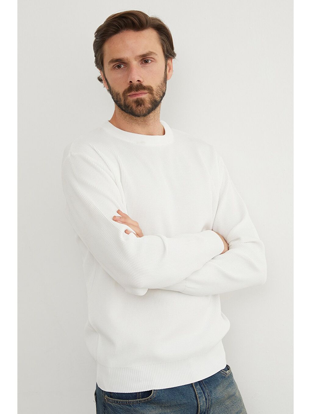 Beyaz Basic Bisiklet Yaka Triko Kazak-4