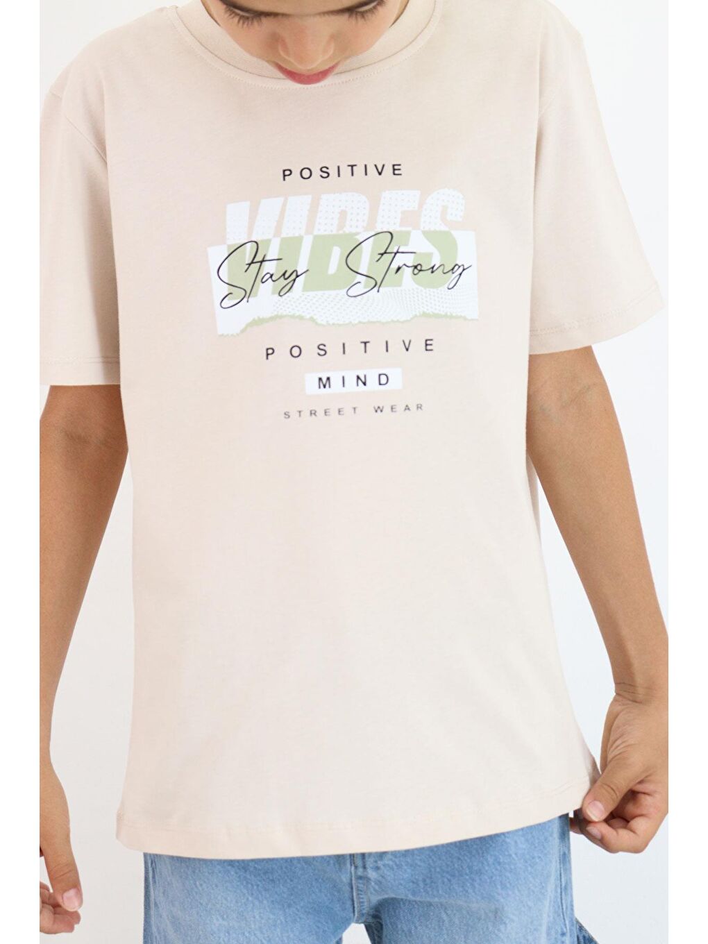 Erkek Çocuk Tişört Motivasyon Temalı & Sırt Kısmı Yazı Baskı Detaylı Bej (9-16 Yaş)-3
