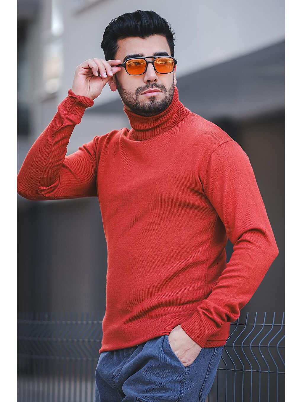 Turuncu Pamuk Slim Fit Erkek Tam Balıkçı Boğazlı Kazak