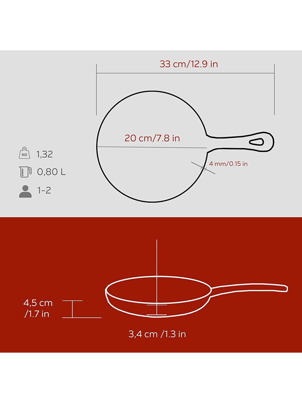 Bordo Yuvarlak Kızartma Tavası Yekpare Saplı. Çap(Ø)20cm.-4