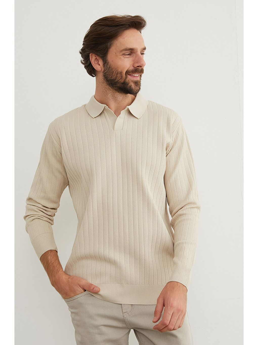 Bej Basic Polo Yaka Triko Kazak