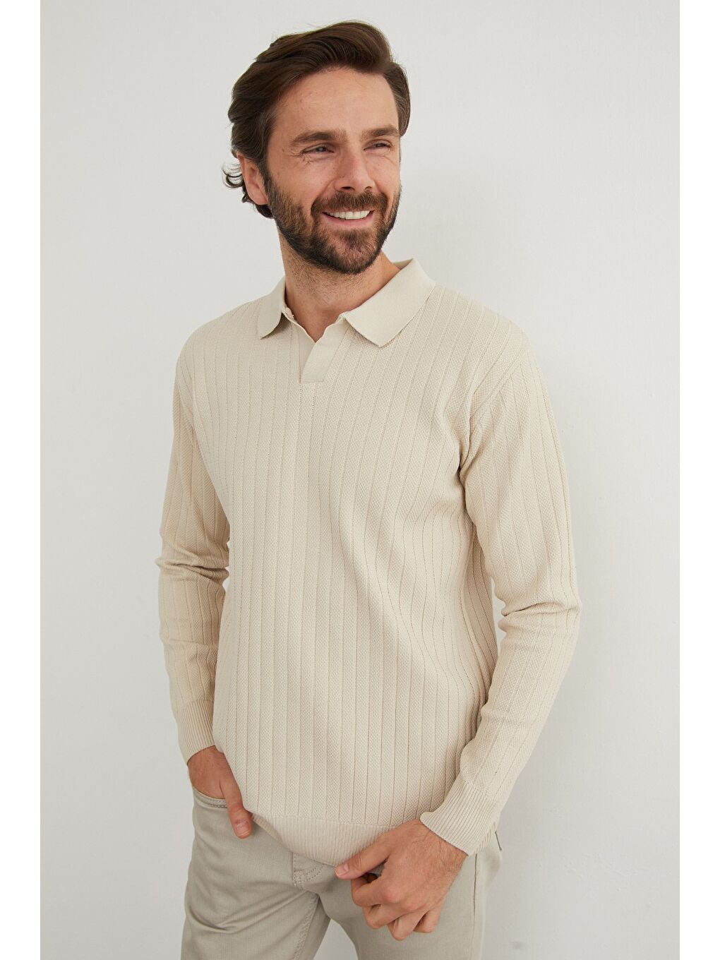 Bej Basic Polo Yaka Triko Kazak-1