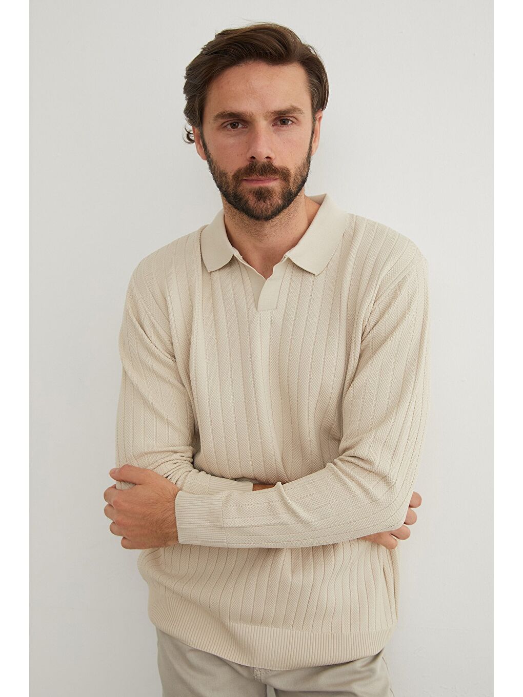 Bej Basic Polo Yaka Triko Kazak-2