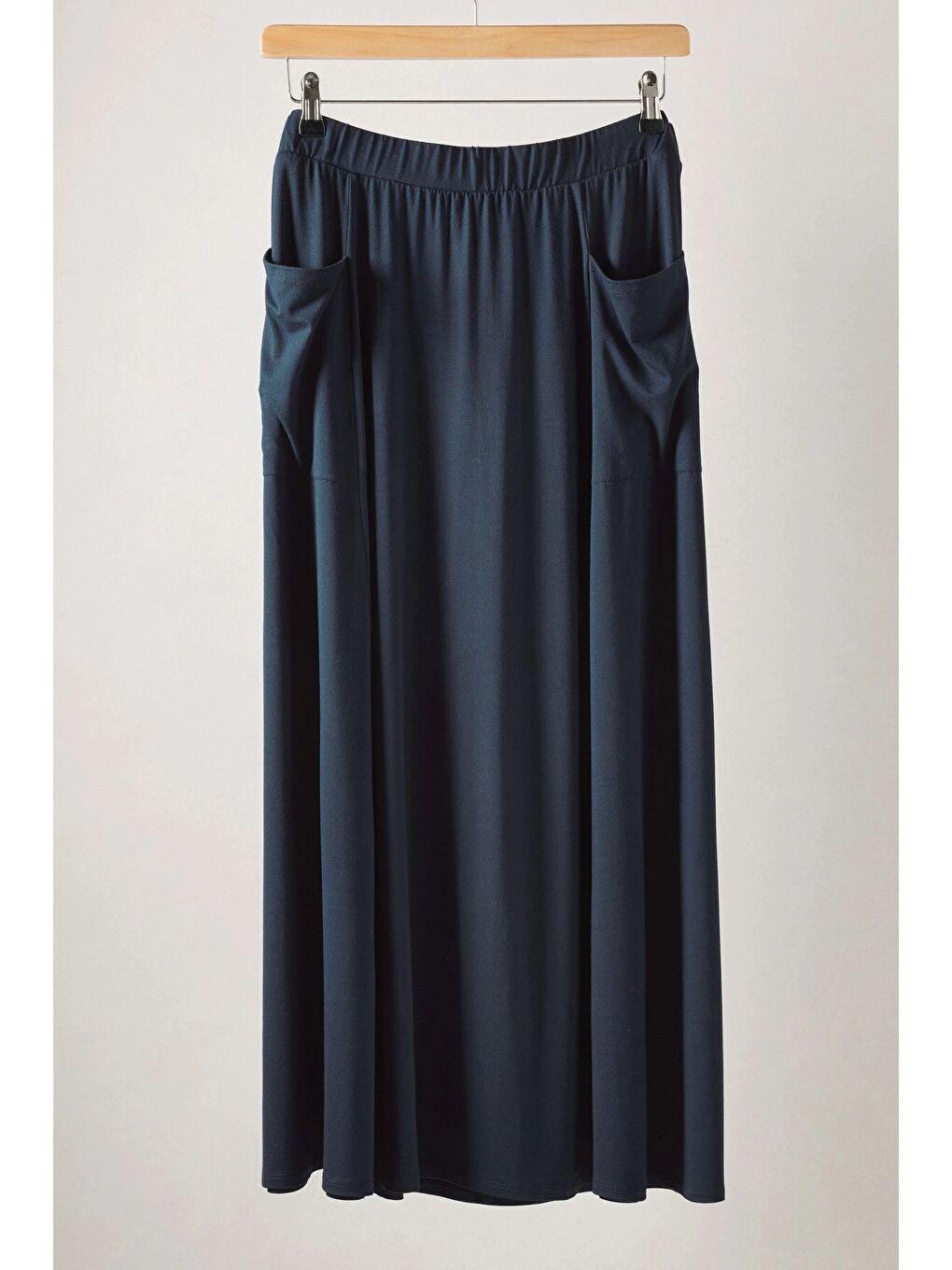 Lacivert Büyük Beden Beli Lastikli Cep Detaylı Uzun Kesim Etek 615392-5