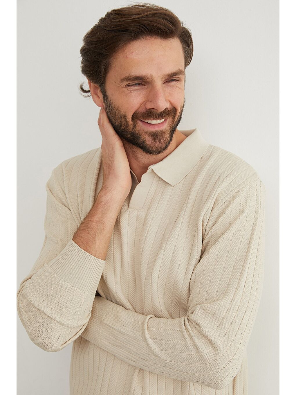 Bej Basic Polo Yaka Triko Kazak-3