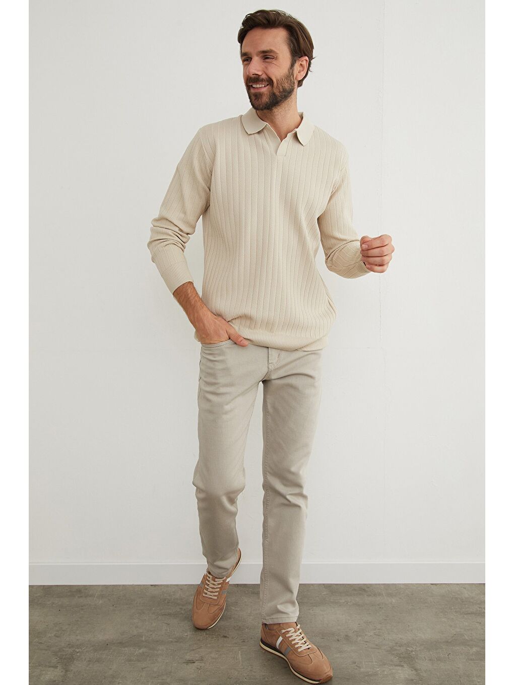 Bej Basic Polo Yaka Triko Kazak-4